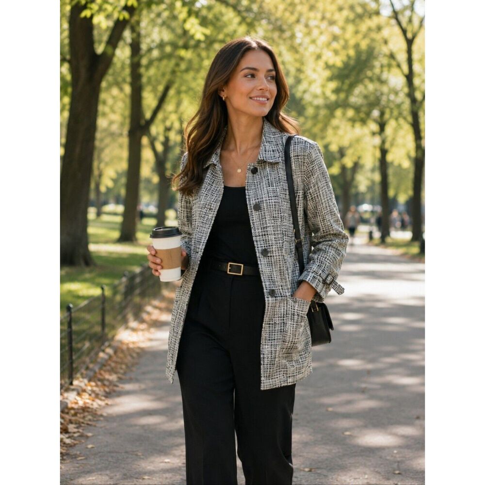 Loft Black And White Crosshatch Cool Weather Jacket Checks Small Spring Polished